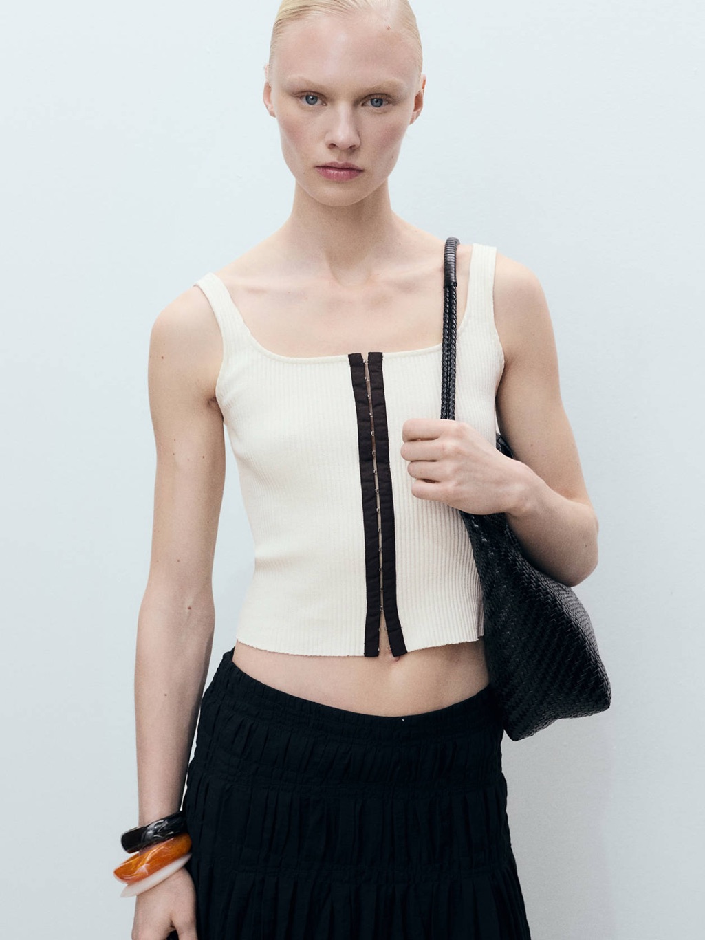 Mango Cream Ribbed Square-Neck Tank With Dark Center Trim